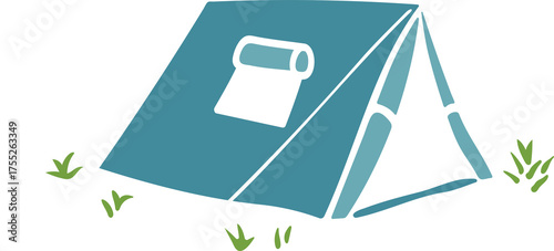 Teal Camping Tent With Window and Green Grass On Transparent Background Flat Design