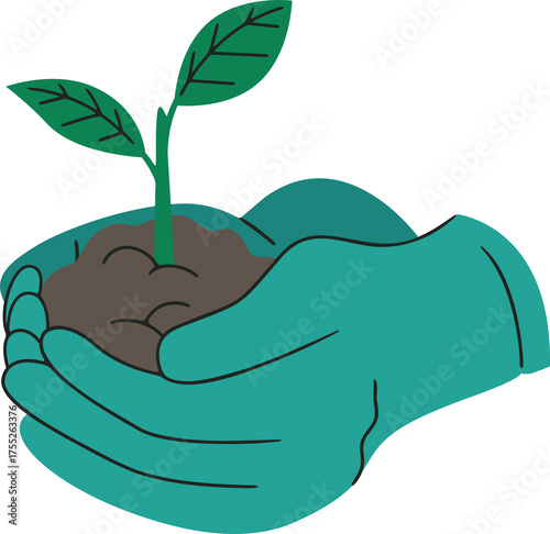 Teal gloved hands carefully holding fertile soil with a young green plant sprouting its leaves upwards against a transparent background symbolizing growth and nurturing agriculture