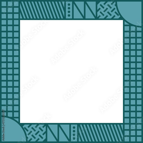 Teal Geometric Abstract Border Design with Repeating Patterns and Square Center Frame Transparent Background