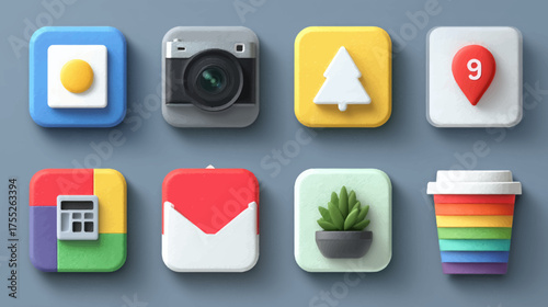Vector Icon Set Modern Flat App Icons with Colorful Geometric Shapes and Minimalist Design Style for Digital User Interface and Web Applications