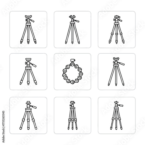 Collection of tripods displayed on white squares representing photography equipment for cameras in a minimalist style, showcasing various angles and positions.