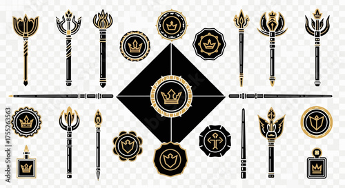 Collection of royal symbols and emblems in black and gold color scheme.