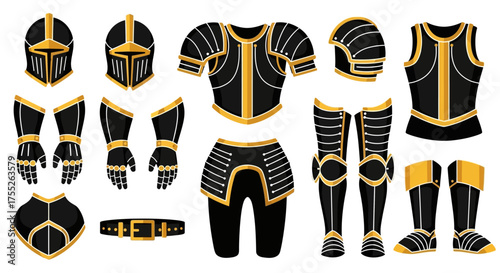 A complete set of black and gold fantasy knight armor components isolated on a white background.