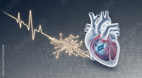 Anatomical illustration of a human heart with a microchip embedded, connected to a digital electrocardiogram waveform.