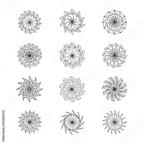 Abstract geometric shapes rotate and expand on a white surface, creating a sense of dynamic movement and visual complexity.
