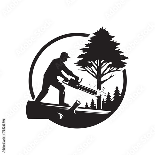 Vector illustration of a sketch of a man cutting down a tree using a chainsaw