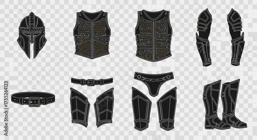 Collection of medieval fantasy armor pieces including a helmet, chest plates, arm guards, leg guards, and boots.