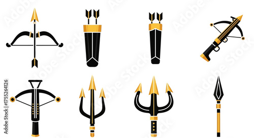 A collection of ancient and medieval weapons in a black and gold vector style, including bows, crossbows, tridents, and spears.