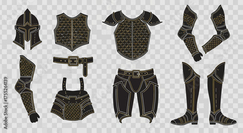 Illustration of a set of medieval armor pieces on a transparent background.