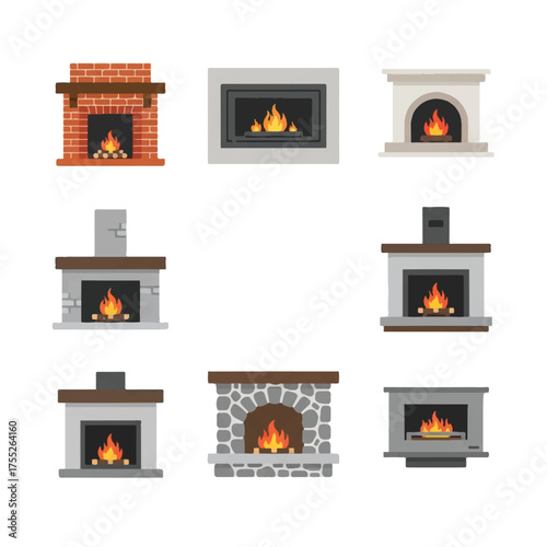 Various fireplaces display burning flames in cozy living rooms, creating warm and inviting atmosphere for relaxation and comfort.