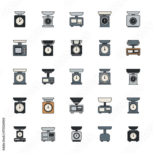 Collection of kitchen scales measures ingredients in a variety of styles and colors, offering a range of options for precise culinary creations.