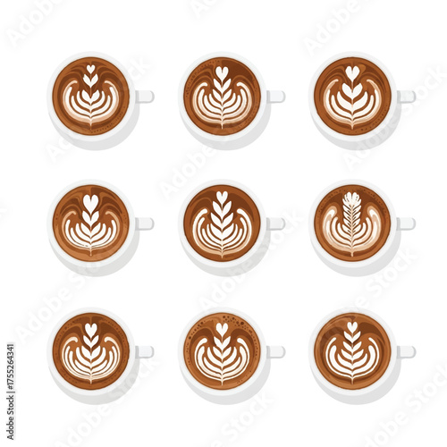 Various coffee cups display latte art patterns on white table, showcasing different artistic designs and techniques in warm, inviting atmosphere.