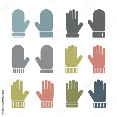 Colorful mittens and gloves arranged in neat rows, showcasing winter apparel on a clean surface, evoking a sense of warmth and preparation for cold weather.