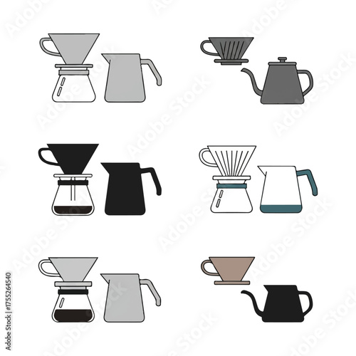 Various coffee brewing methods displayed with pour over drippers and carafes in a minimalist style, showcasing different options for coffee preparation.