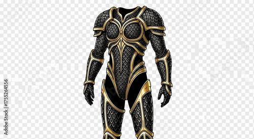 A detailed illustration of a black and gold fantasy female suit of armor on a transparent background.