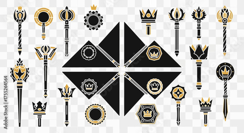 A collection of stylized royal scepters, crowns, and emblems in a black and gold graphic design.