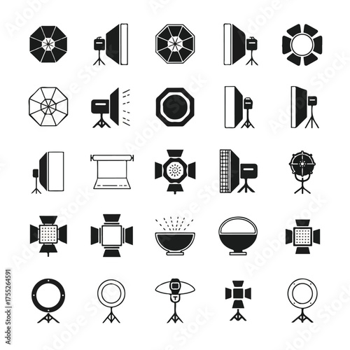 Studio lighting equipment arranged in a grid pattern showing various light modifiers and stands for photography and videography, creating a professional atmosphere.