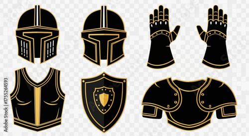 Set of black and gold medieval knight armor pieces including helmets, shield, chest plate, gauntlets, and shoulder pads.