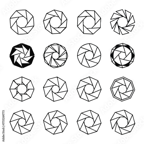 Camera aperture shapes arranged in a grid pattern representing photography concepts and technical aspects of image creation, presented with clean lines and a minimalist aesthetic.