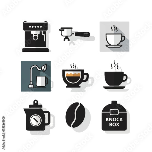 Various coffee related objects displayed on white surface, showing coffee machine, portafilter, cup, tea bag, bean, and knock box, creating a cozy and inviting atmosphere.
