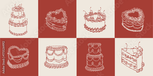Whimsical vintage cake set. Minimalist style outline ink elegant elements. Trendy coquette line food. Hand drawn scribble isolated vector illustration. Old party birthday anniversary, wedding design