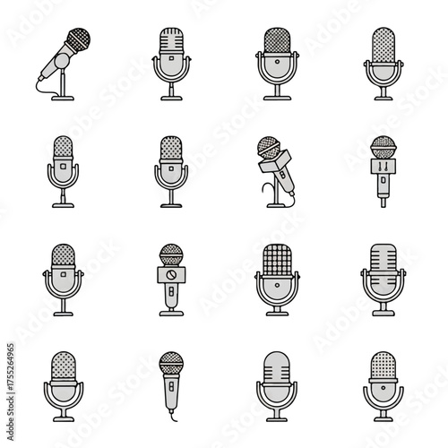Microphones displayed in various styles and shapes, arranged neatly on a white surface, creating a retro and modern feel.
