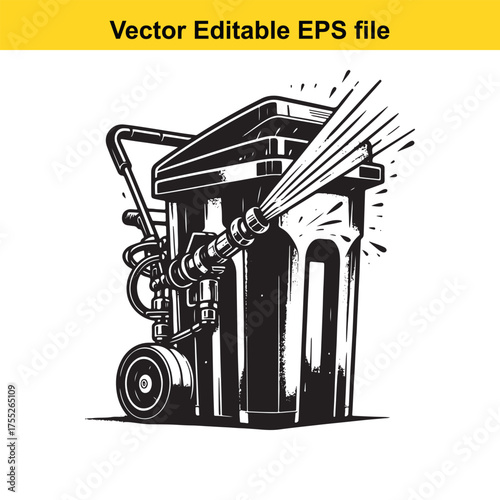 Vector art of black and white illustration of a trash can with a highpressure washer spraying water