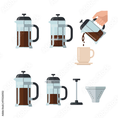French press coffee maker brewing fresh coffee in kitchen, showcasing different stages of brewing process with minimalist style.