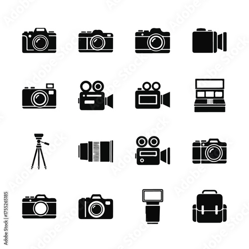 Camera equipment silhouetted against white provides a clean, minimal aesthetic for photography enthusiasts and professionals alike.