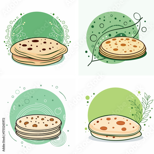 Delicious Indian Food Vector Icons Collection of Freshly Baked Roti, Perfect for Culinary Design