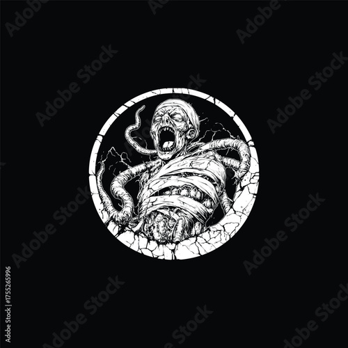 Horror-themed illustration of a terrifying Mummy emerging from a cracked circle frame, screaming with its tongue and internal organs exposed