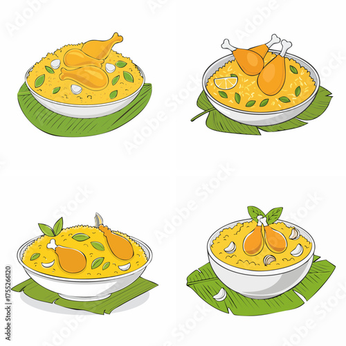 A collection of delicious Indian chicken biryani food illustrations, a traditional meal served in a bowl, isolated vector set