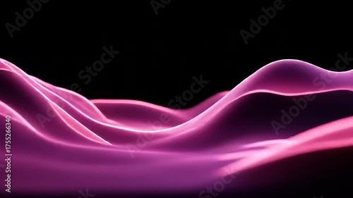 Fluid, undulating lines of vibrant pink and purple create a dynamic abstract design against a black backdrop.