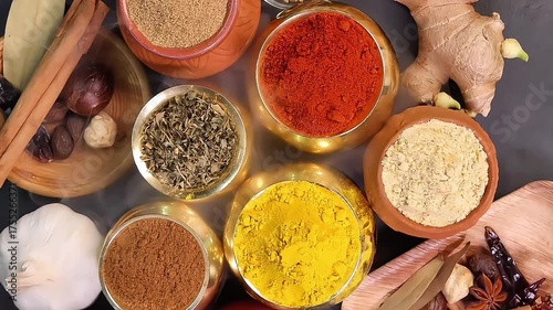 Overhead top view flat lay colourful array of spices herbs powder blue clay ceramic brass metal pot on dark black slate surface with a clean and neat appearance spice copy text space border frame