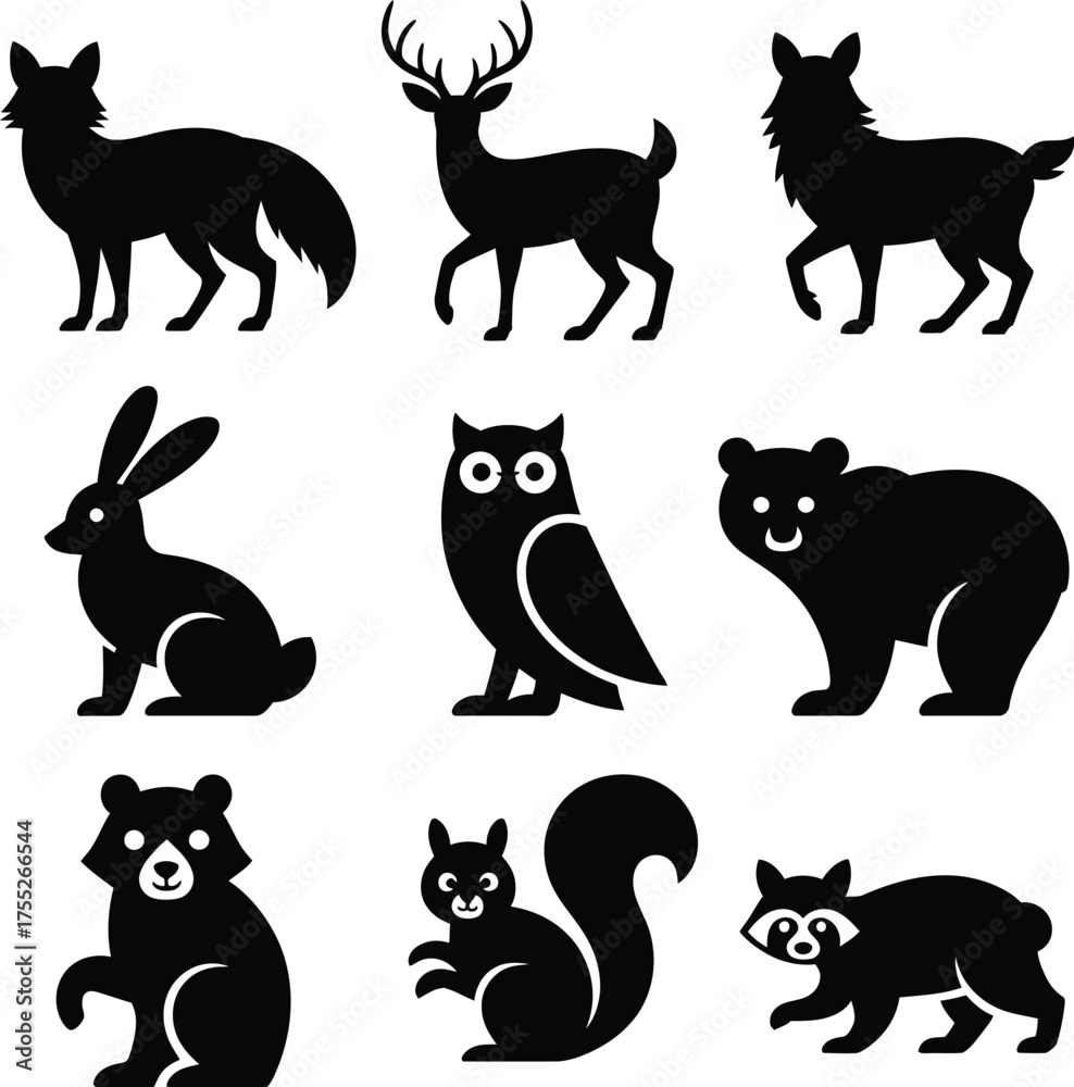 Fototapeta premium Forest animals silhouette Bundle deer wolf