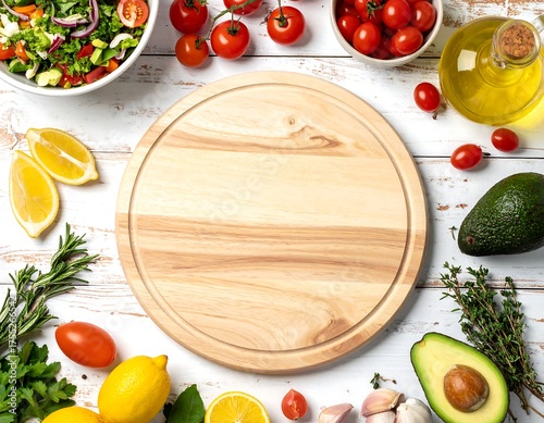 Wallpaper Mural Healthy Eating Preparation - Round Wooden Board Surrounded by Fresh Ingredients. Torontodigital.ca