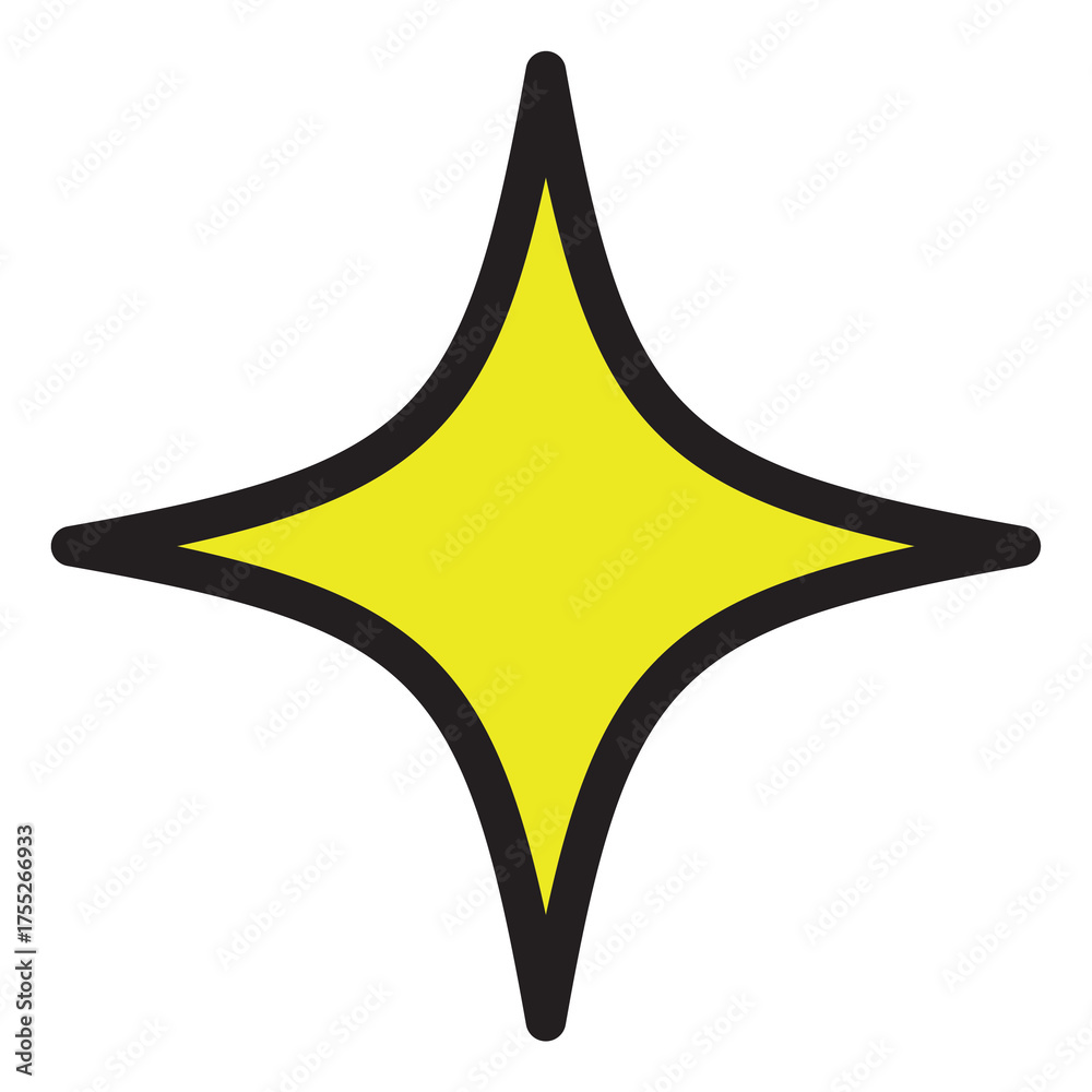 Fototapeta premium Yellow Four Pointed Star Sparkle Sticker with Black Outline on Transparent Background