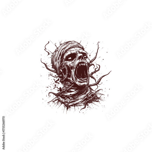 illustration of a terrifying screaming Mummy head, wrapped in tattered bandages with a long, demonic tentacle or serpent-like tongue emerging from its mouth