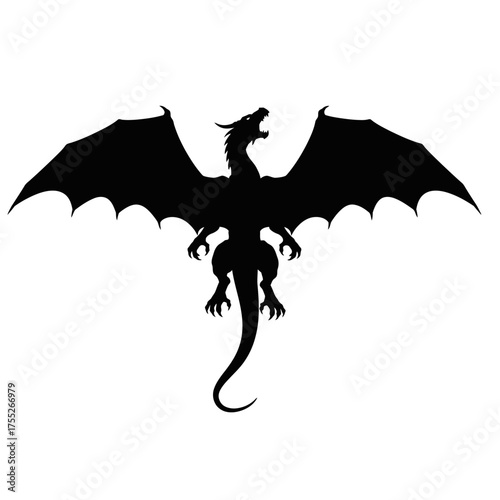 Majestic silhouette of a fierce dragon with wings spread wide hovering gracefully