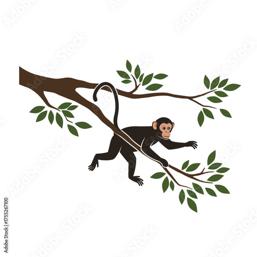 Playful monkey swinging gracefully through lush green tree branches in a tropical jungle scene