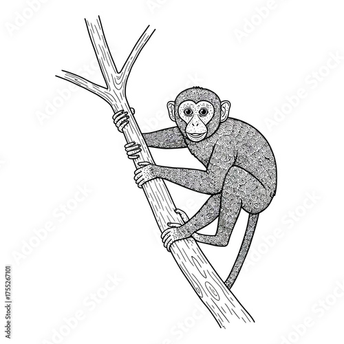 Detailed black and white drawing of a monkey clinging to a tree branch artistic sketch