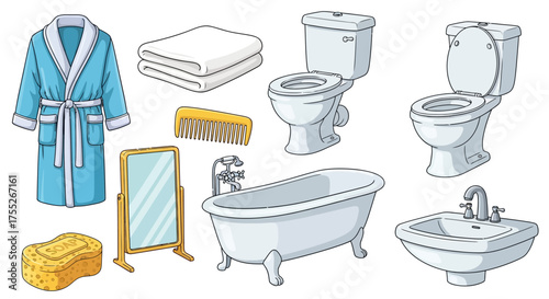 Bathroom Essentials Robe, Towel, Comb, Toilet, Tub, Sink, Mirror, Sponge, and Faucet