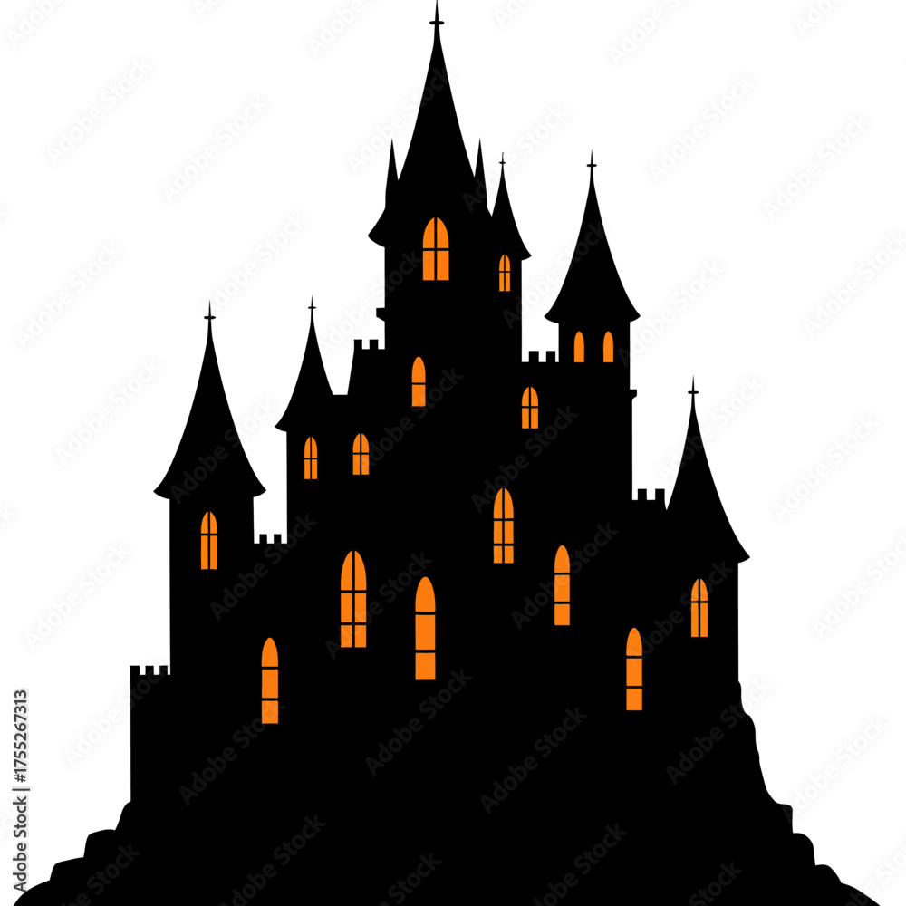Obraz premium Spooky silhouette of a gothic castle with glowing windows on a