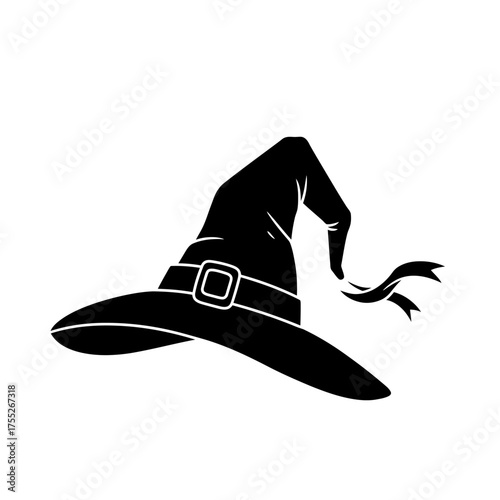 Black witch hat with buckle and ribbon silhouette for halloween and fantasy