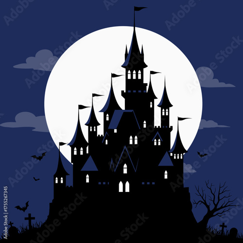 Spooky halloween castle silhouette under full moon night sky creepy eerie atmosphere scary ambiance