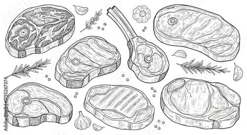 Hand-Drawn Meat Cuts Sketch Steak, Ribeye, and Sirloin