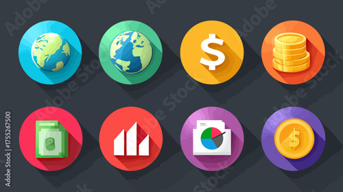 Vector Icon Set of Financial and Business Elements in Modern Flat Style with Bright Colors