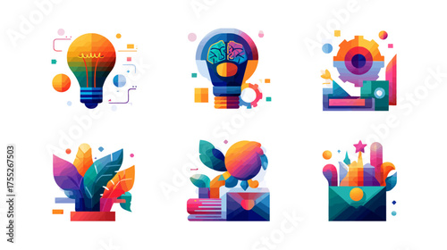 Vector Illustration Set of Creative Light Bulb Icons Featuring Brain Plants and City Skylines in Modern Geometric Style with Vibrant Colors for Digital Design