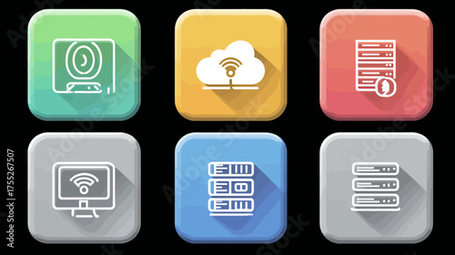 Vector Icon Set of Data Server and Cloud Computing Symbols in Flat Modern Style with Bright Colors