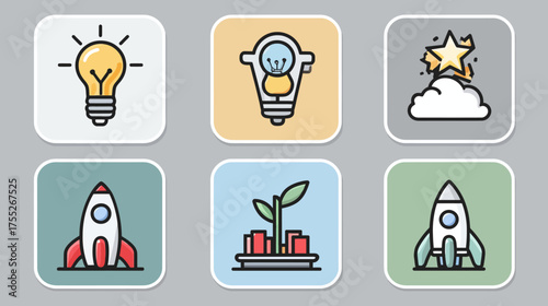 Vector Icon Set of Space Rocket Plant Light Bulb and Cloud in Modern Minimalist Style with Bright Colors